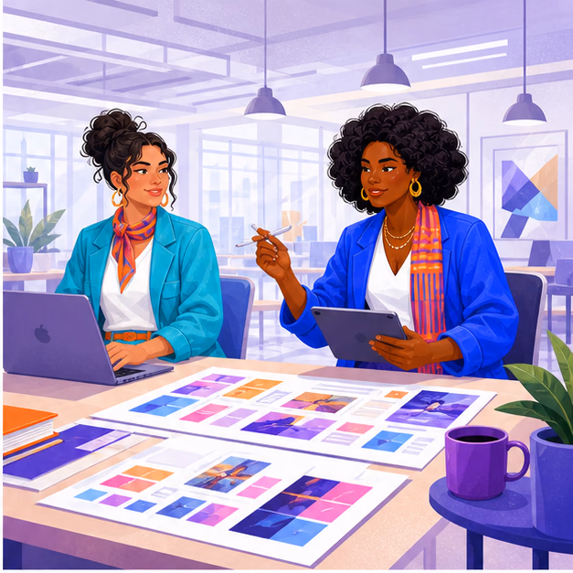 Aya and Nova coordinating separate client brand workspaces.