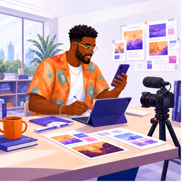 Kofi, the PostAm Creative Director, turning an approved idea into a multi-platform creative plan.